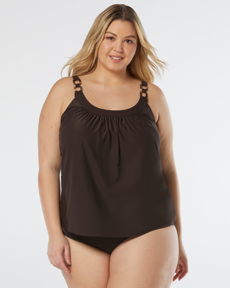 Front of a model wearing a size 34E ULTRA FIT TANKINI in COCO BROWN by Coco Reef. | dia_product_style_image_id:333154
